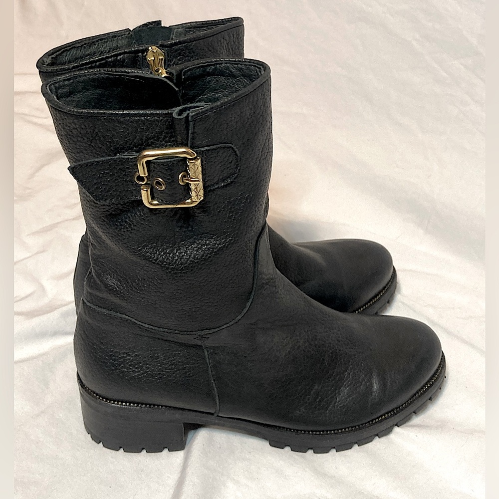 Pedro Miralles Black & Gold Leather Ankle Combat Boots Moto Chunky Heel | EU 39